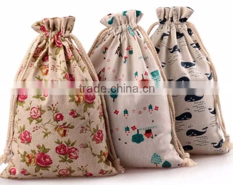 Welcome customized print logo linen fibric gift jewelry bag,small giveaway drawstring bear linen present bag