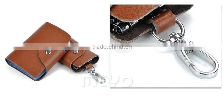 Cheap split soft leather card organizer bag with keychain holder