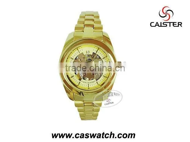 Cheap promotional products, gold skeleton couple watch, fashion mechanical skeleton watch,