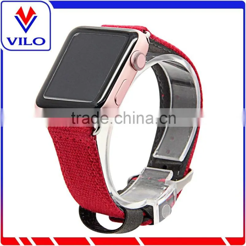 Canvas Fabric Genuine Leather Smart Watch Band Replacement Strap With Adapter Metal Clasp for Apple Watch 38mm 42mm