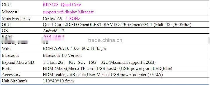 High Quality Android Mini PC with Wifi Miracast DLNA Function RK3188 Quad core android TV stick