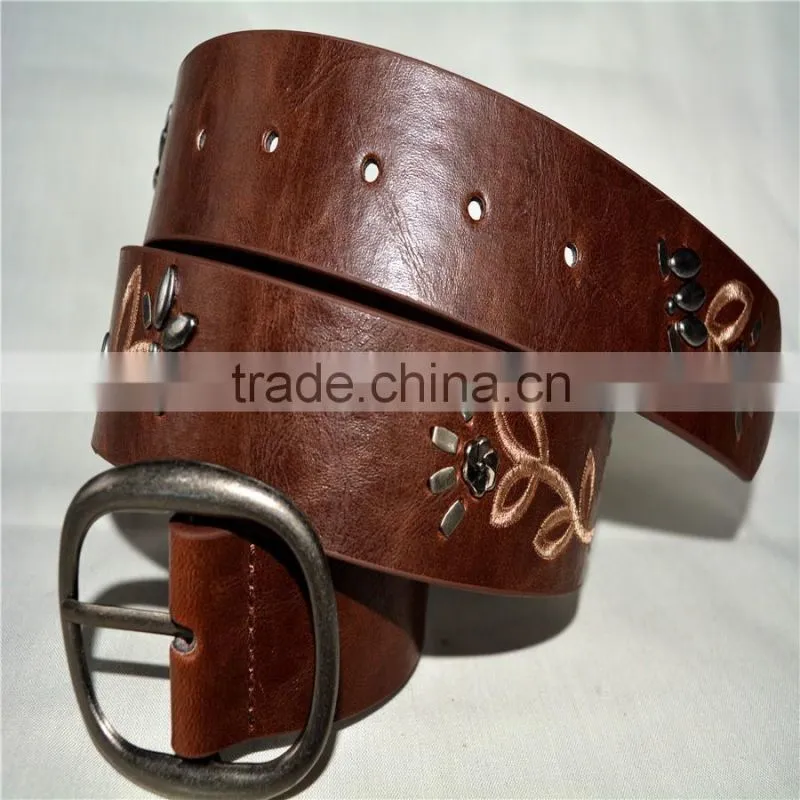 PU leather embroidered design witt stud leather belt