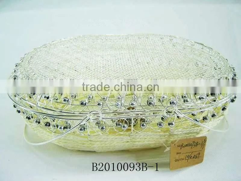 Silver metal wire and paper rope rectangle fruit storage basketry