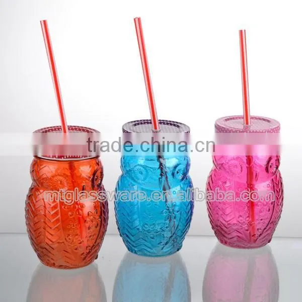 14oz colorful glass the owl shape mason jar with lid and straw