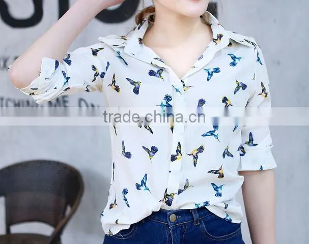 New fashion chiffon floral print shirts long sleeve chiffon blouse tops for woman