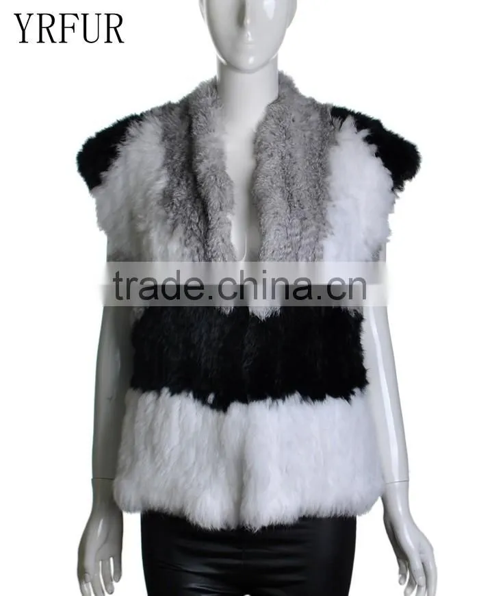YR230 Colorblock Real Rabbit Hand Knitted Fur Vest NEW Arrival