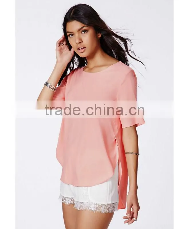 High Quality Summer Short Sleeve Chiffon Woman Blouse,Wholesale Pink Chiffon Blouses For Women