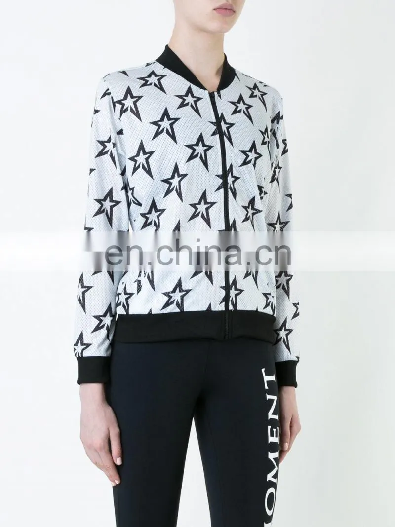 Star Mesh Long Sleeves Zip Up Women's Bomber Jacket