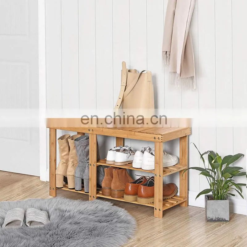 Morden living room 3 tier bamboo wood shoe bench rack