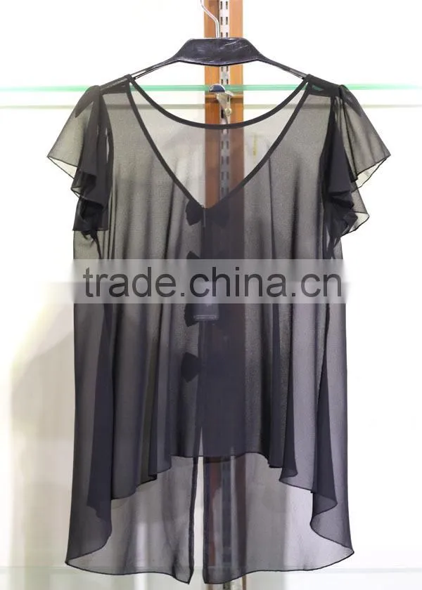Women's black chiffon blouse with lotus leaf sleeves and cute bowknots