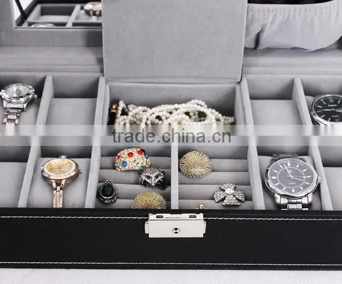 Black Leather Jewelry Box Watch Organizer Storage Case with Lock & Mirror
