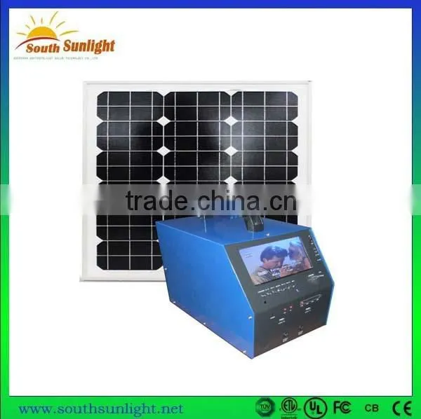 2015 factory 50W Portable solar TV with vedio and radio, solar home power system for small homes, home solar lighting system