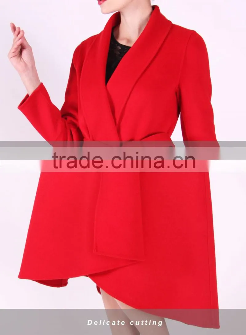 2016 New Design Spring Women Length Slim Fit Wool Coat With Belt