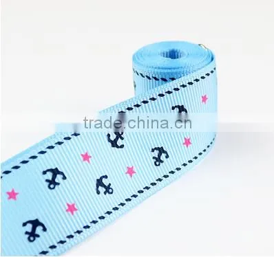 Nautical Anchor Printed Navy Blue Grosgrain Ribbon for Hair bow, Packing, Decoration