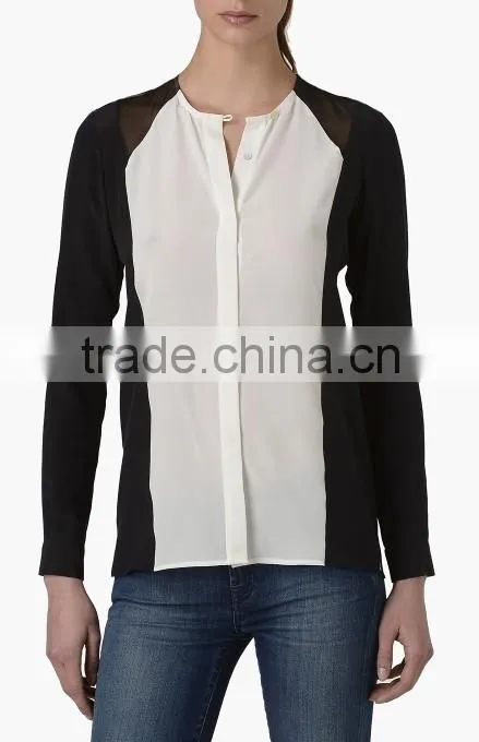 2015 women long sleeve color block shirt silk black&white