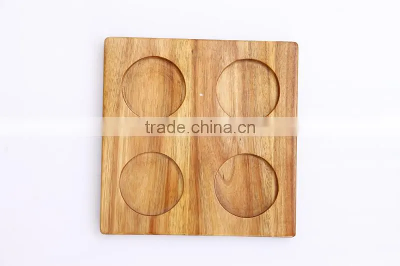 4-well square sturdy acacia wood coaster for bottle & wine