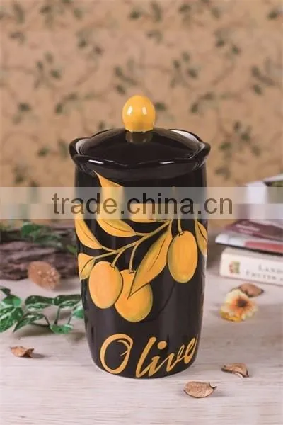 Factory Direct Black Ceramic Food Storage Jar with Yellow Olive Handpaint