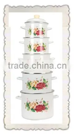 Elegant Red&Yellow Flower Decal Enamel Cooking Pot Set Deep Stew Pan For Induction Cooking Cast Iron Stew Pot