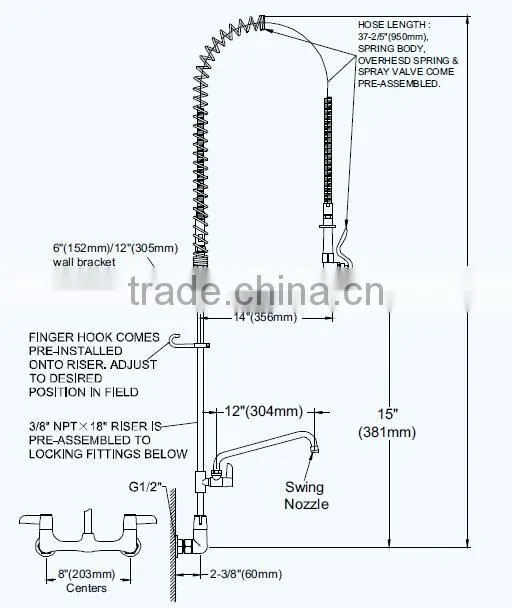 2016 8'' Wall Mounted Pre-rinse Unit with 12'' Swivel Spout&Wall Bracket,Tapered Thread Riser