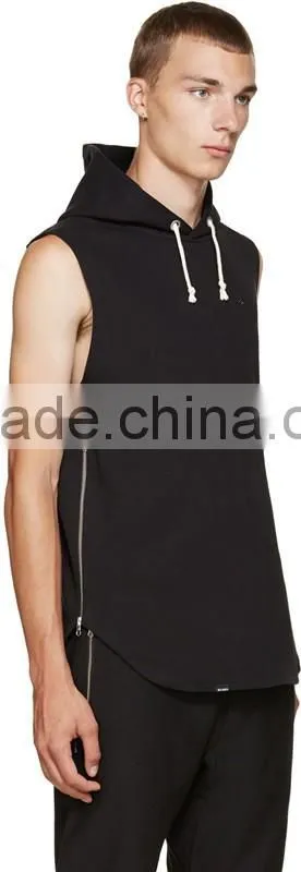 Sleeveless French terry vest hoodie Beige drawstring hood custom Embroidered logo Zipper at sides Shirt-tail hem