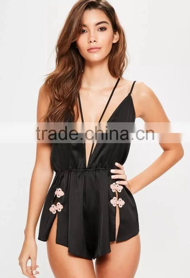 Black Satin Embroidered Teddy Split Hem Women Nightwear Sexy Strap Pyjama Set Halter Back Sleepwear