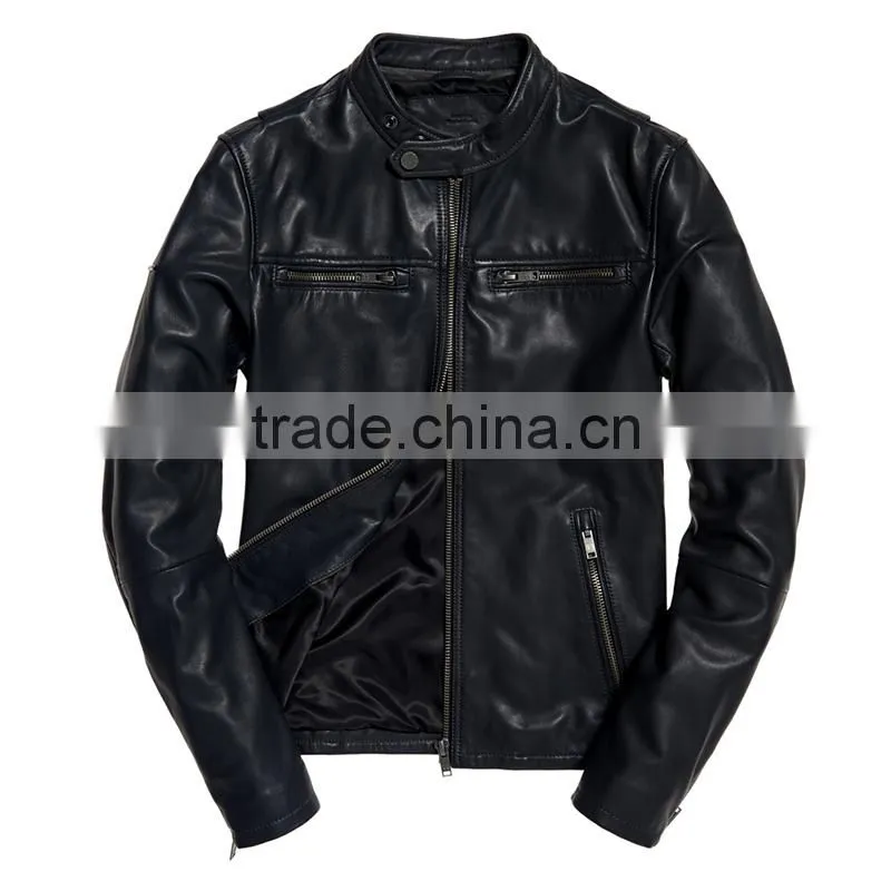 Classic real hero collarless round neck biker waterproof leather men jacket