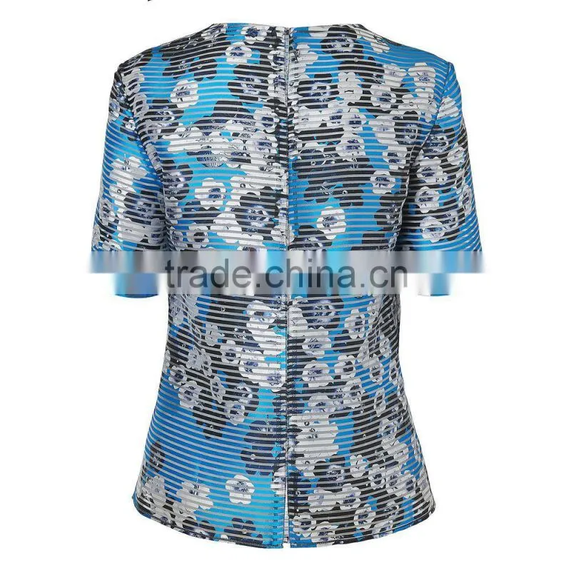 Women New Fashion Round Neck Jacquard T Shirt Digital Floral Printed with Stripes Tops for Ladies