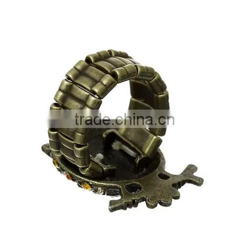 Antique Bronze Yellow Orange Coffee Rhinestone Elastic Stretch Owl Halloween Rings 19.1mm(US 9)