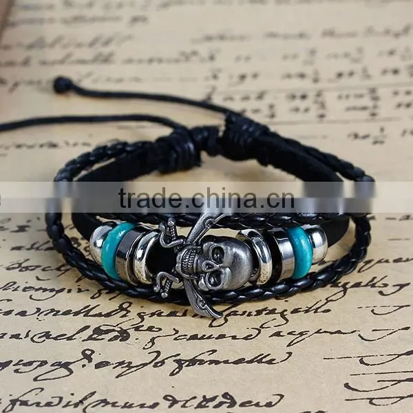 New Fashion Black Cord Silver Tone & Green Beads Gunmetal Halloween Skull Cowhide Multilayer Bracelets
