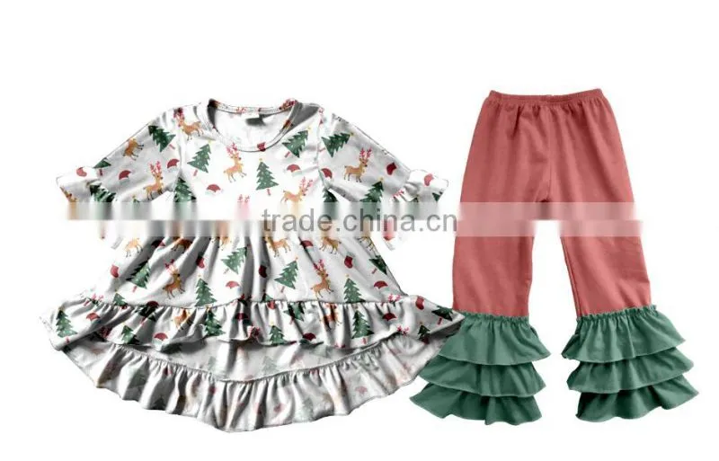 Fall Winter Snow Man Children's Long Sleeve Boutique Girl Clothing Set Baby Romper Outfits With Ruffle Pants Fast Delivery