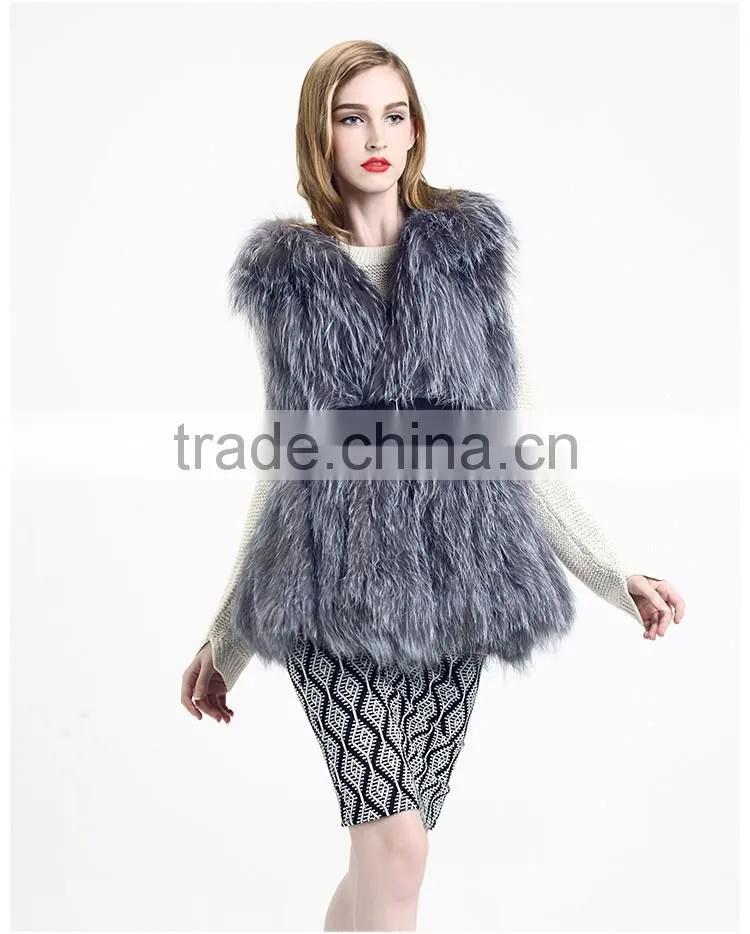 YR620 Top Quality Fashion Fur Women Silver Fox Fur Knit Waistcoat