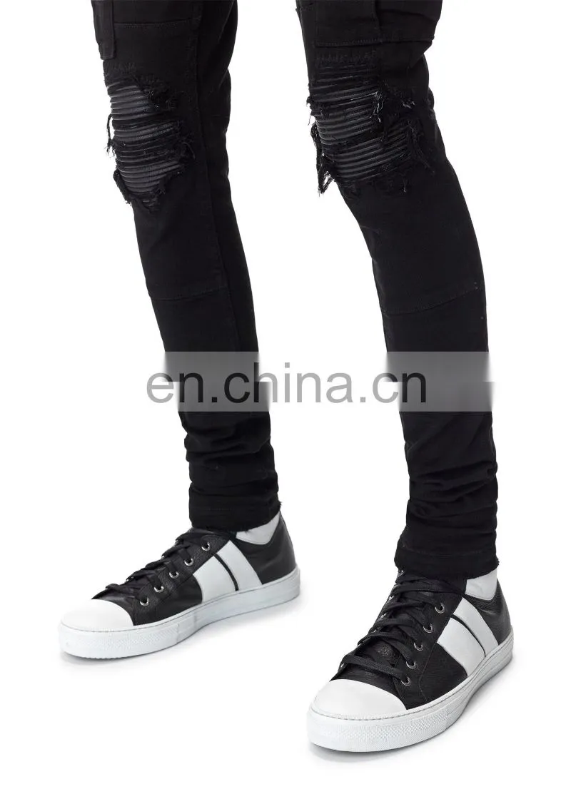 DiZNEW New Stretch Ripped Pleated Knee Patches Cargo Black Jeans men