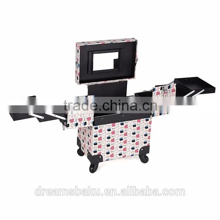 Professional salon beauty box pvc cosmetic makeup kits case with rolling wheels