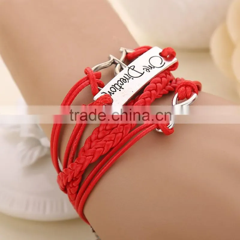 2015 latest fashion heart charms red braid leather wrap bracelet for women