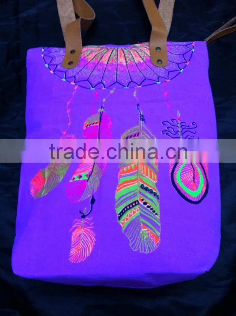 Hmong Indian tote neon purple canvas bag feather pattern