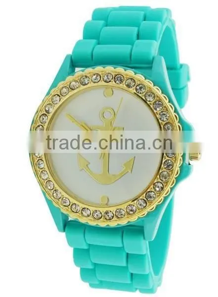 Vogue design gold anchor dial silicone watch, candy color 3D face jelly watch, girls boys hot fashion watch