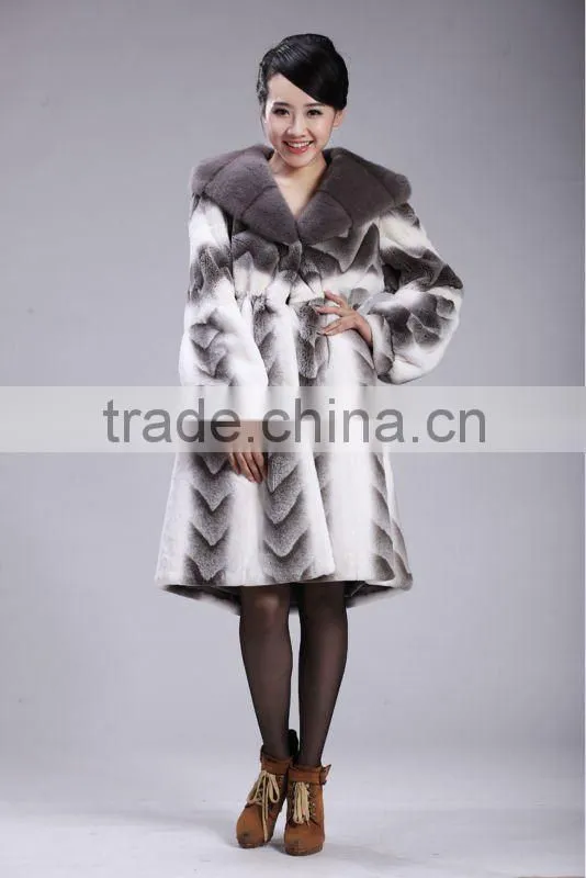 Grey mink hooded dyed rex rabbit fur coat