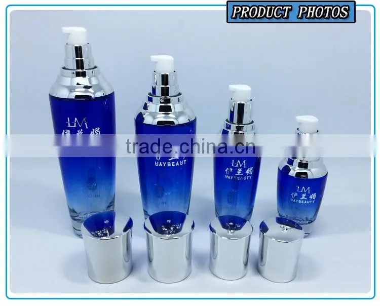Cosmetics packaging bule colored glass pump bottle and glass cosmetic jar