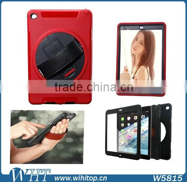 Genuine Leather Hand Strap Rotating 3 Layer Heavy Duty Hybrid Armor Case for iPad Mini 1 2 3, with Touchable Screen