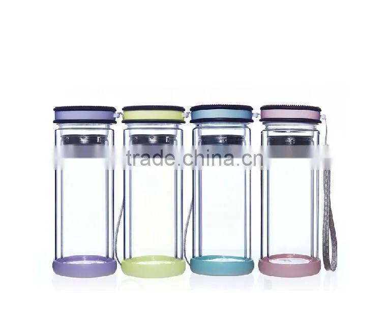 double wall borosilicate glass water bottle PP material with strainer