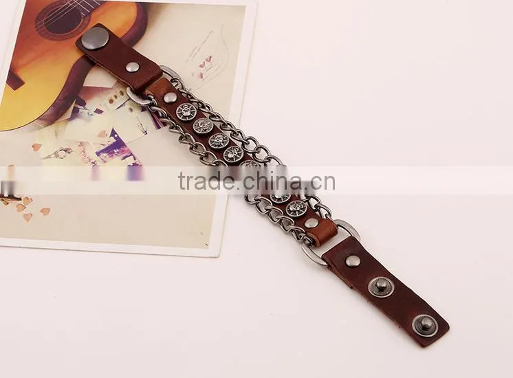 skull chain thick women leather bracelet, blank leather bracelets