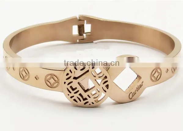 Fashion Rose gold bracelet and black leather stainless steel bangle