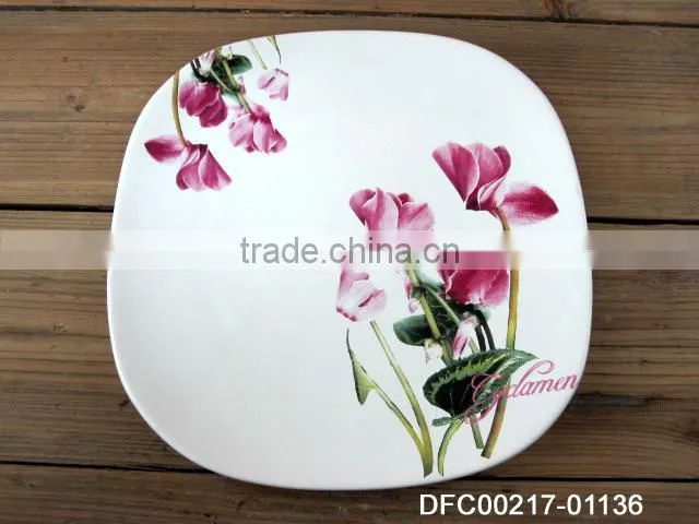 Wholesale Ceramic Material Flat Cake Plate with Green Decal