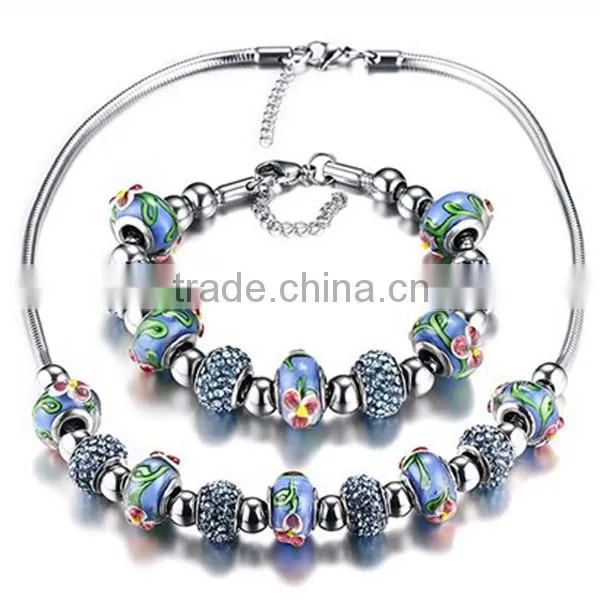 Bohemian Style Flower Pattern Blue Bead Necklace And Bracelet Jewelry Sets