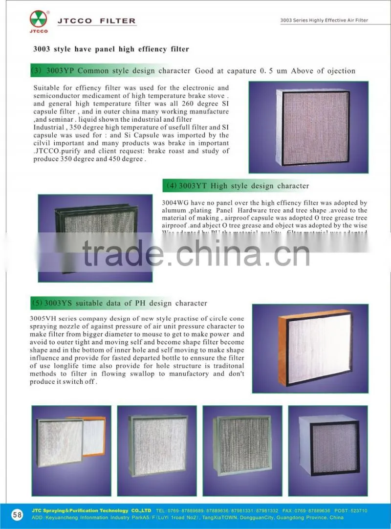 High temperature resistant panel hepa filter for hospital
