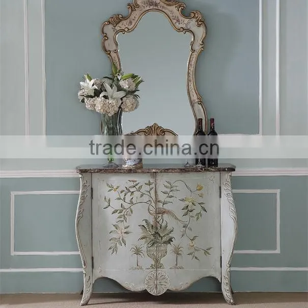 Hand Painted Classic Chest Of Drawers, Antique Living Room Cabinet With Veneer Top, Exquisite Wood Carved Curio Sideboard