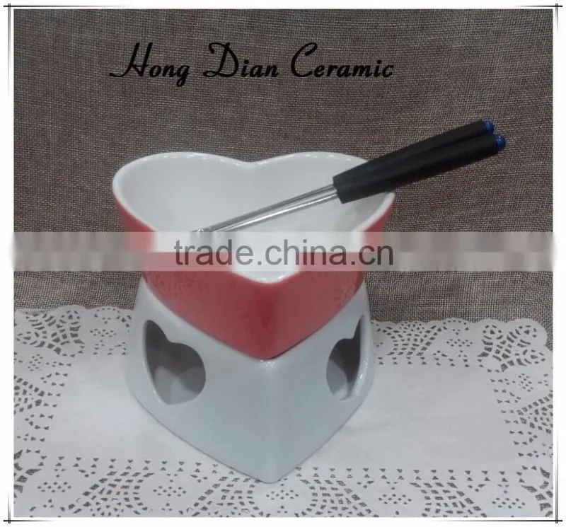 fondue shape heart set ,Red Chinese Heart Shape Ceramic Chocolate Fondue