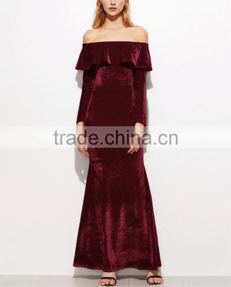 New Style Off the Shoulder Long Sleeve Flounce Layered Neckline Maxi Evening Dress Women New Sexy Fishtail Velvet Dresses