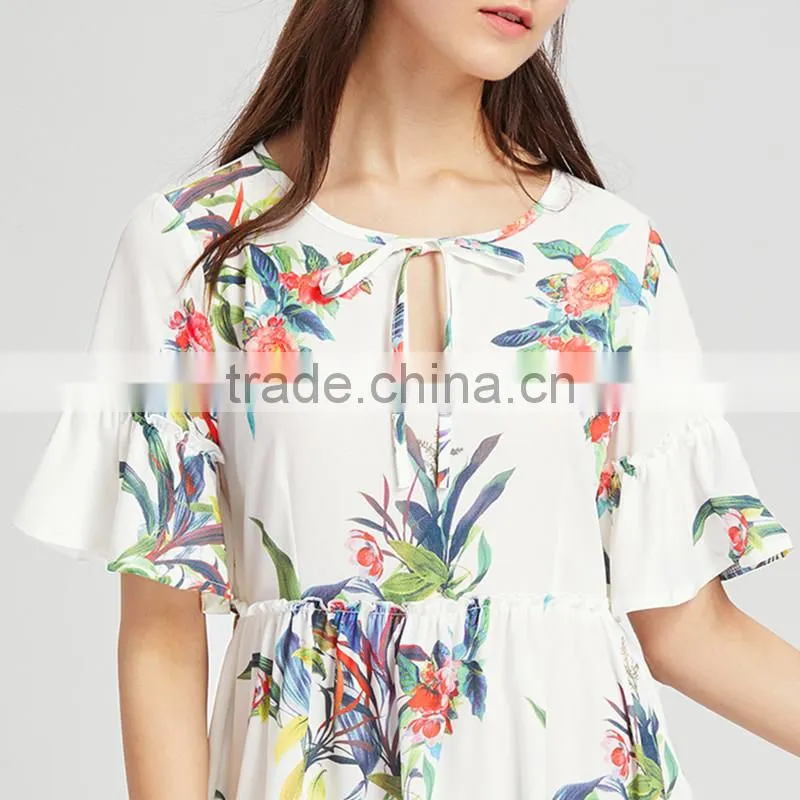 WHITE Flower designed short dress, women chiffon short sleeve dress