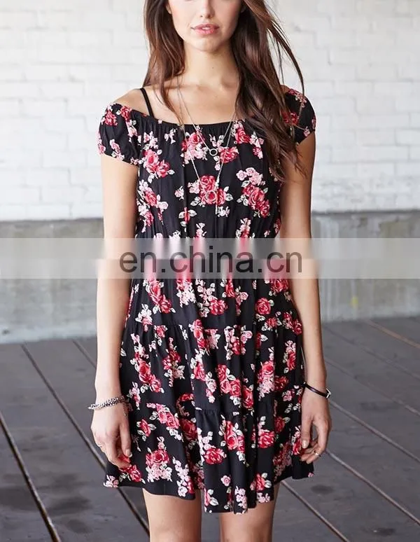CHEFON Short sleeve off shoulder allover rose print tiered women smock dress